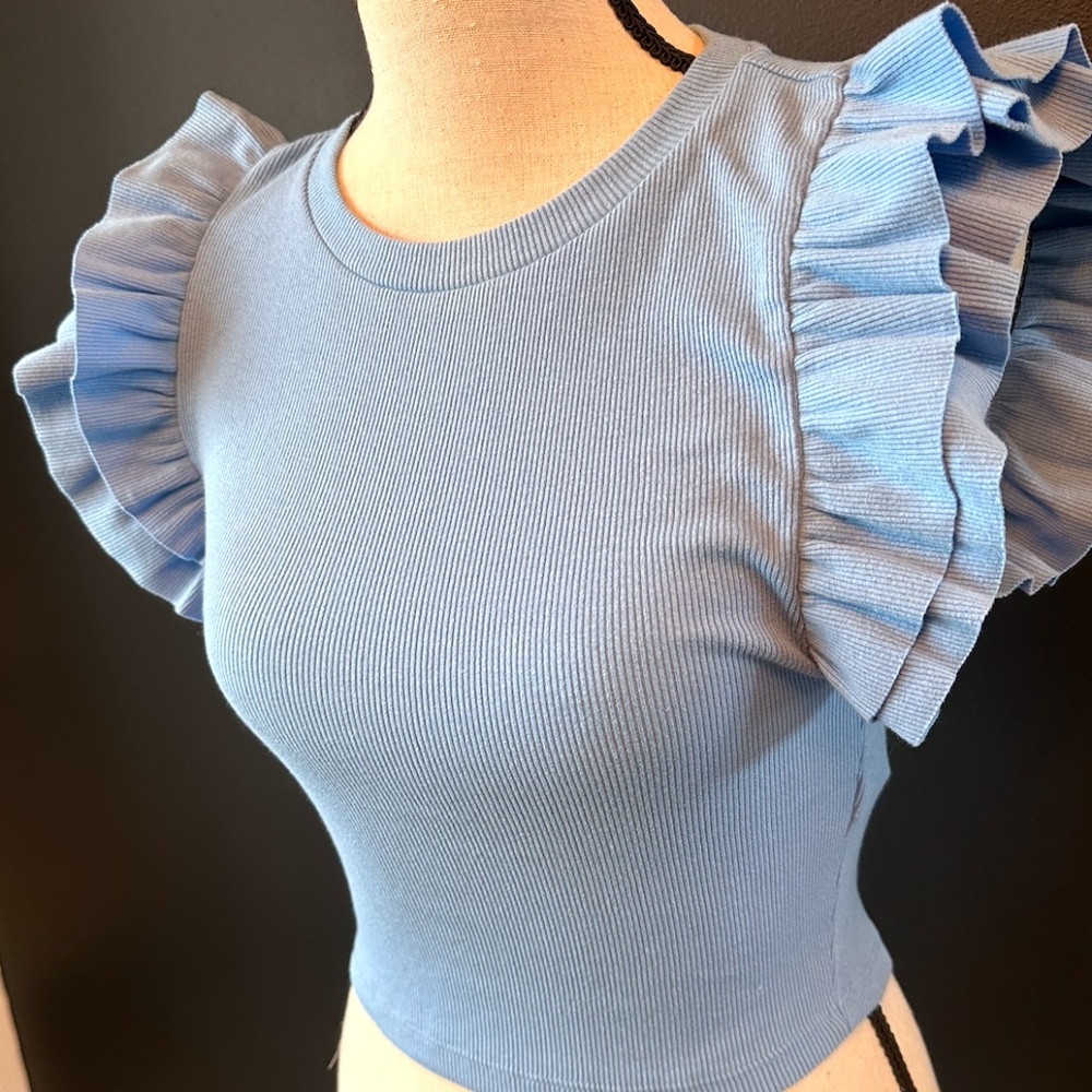 ZARA Blue Ruffle Sleeve Top - Picture 3 of 8
